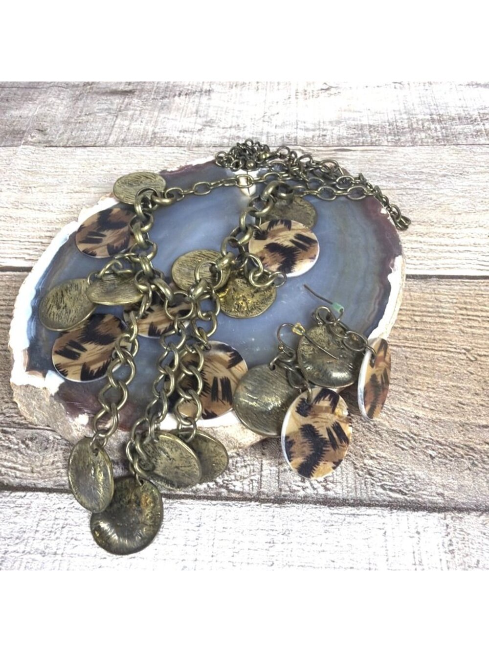 VTG Artisan Safari Leopard Print Statement Bib Necklace Earring Set Boho Chic - Picture 9 of 11